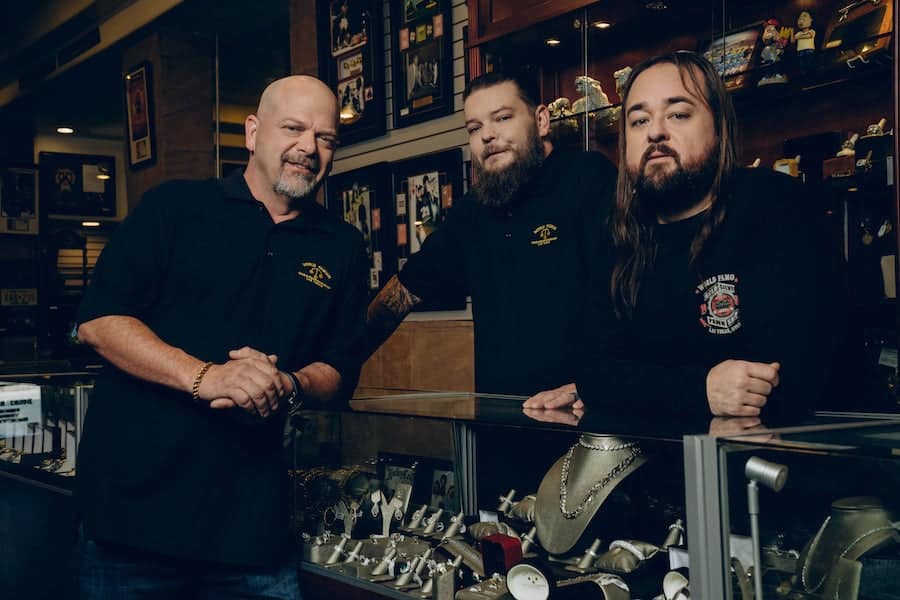 L to R: Rick Harrison, Corey Harrison and Chumlee Russell from HISTORY's "Pawn Stars."Photo by: Clarke Tolton Copyright: 2020