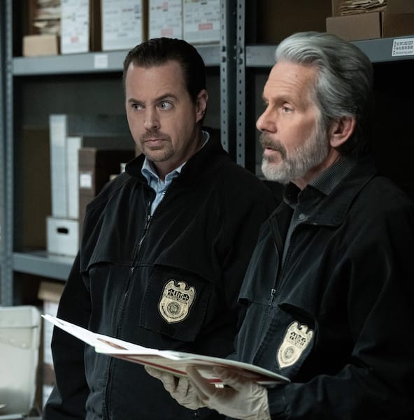 In the NCIS picture: Sean Murray as Special Agent Timothy McGee and Gary Cole as FBI Special Agent Alden Parker.  Photo Credit: Robert Voets/CBS ©2023 CBS Broadcasting, Inc. All Rights Reserved.
