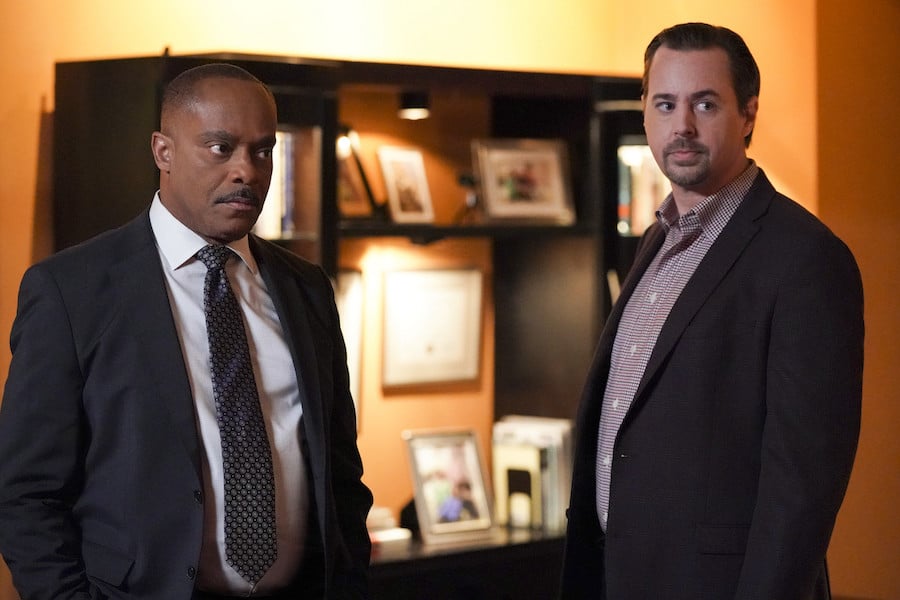 NCIS Pictured: Rocky Carroll as NCIS Director Leon Vance and Sean Murray as Special Agent Timothy McGee. Photo: Michael Yarish/CBS ©2023 CBS Broadcasting, Inc. All Rights Reserved.