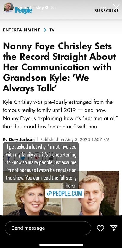 Kyle Chrisley Shares People Story [Source: Kyle Chrisley - Instagram Stories]