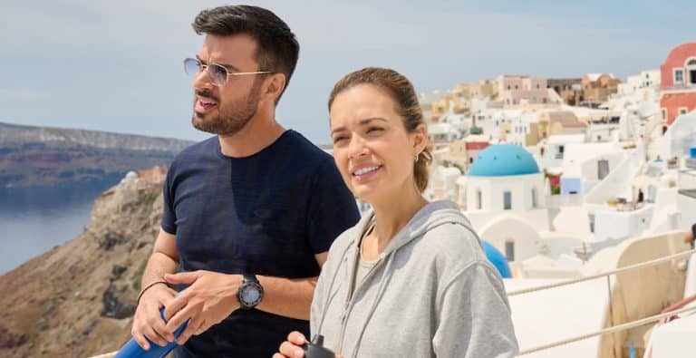 Photo: Yannis Tsimitselis, Torrey DeVitto Credit: ©2023 Hallmark Media/Photographer: Dimosthenis Christopoulos