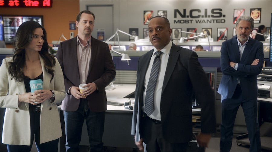 NCIS Pictured: Katrina Law as NCIS Special Agent Jessica Knight, Sean Murray as Special Agent Timothy McGee, Rocky Carroll as NCIS Director Leon Vance, and Gary Cole as FBI Special Agent Alden Parker. Photo: CBS ©2023 CBS Broadcasting, Inc. All Rights Reserved.