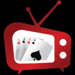 Cartoon of a little red television with playing cards in it - all aces
