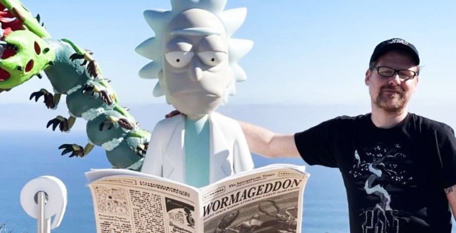 justin roiland with rick sanchez statue rick and morty