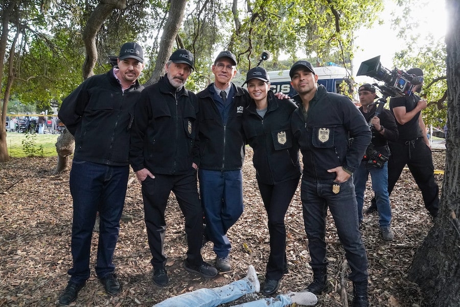 NCIS, Monday, May 8 (9:00-10:00 PM, ET/PT) on the CBS Television Network, and available to stream live and on demand on Paramount+*. Pictured: Sean Murray, Gary Cole, Brian Dietzen, Katrina Law, and Wilmer Valderrama. Photo: Sonja Flemming/CBS ©2023 CBS Broadcasting, Inc. All Rights Reserved.