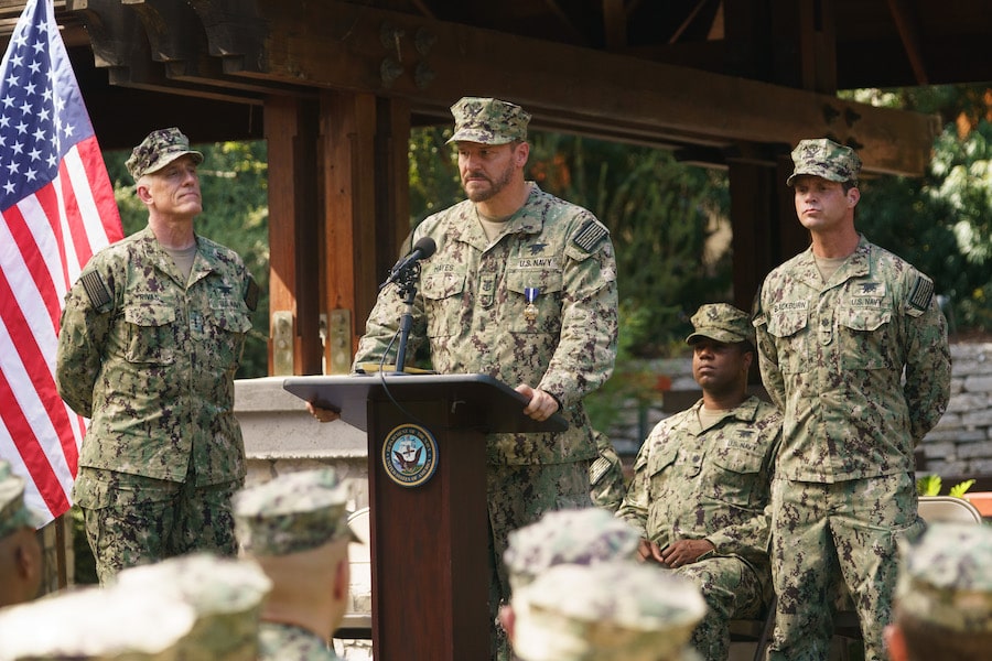 David Boreanaz as Jason Hayes and Judd Lormand as Lt. Blackburn in SEAL Team, streaming on Paramount+ Photo: Monty Brinton/Paramount+ © 2022 CBS Studios. All Rights Reserved.Studios. All Rights Reserved.