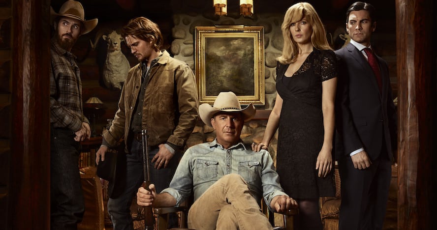 Yellowstone Pictured (L-R): Cole Hauser as Rip Wheeler, Luke Grimes as Kayce Dutton, Kevin Costner as John Dutton, Kelly Reilly as Beth Dutton, Wes Bentley as Jamie Dutton. Photo Credit: Kevin Lynch for Paramount