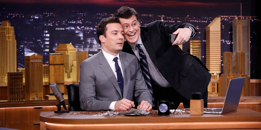 NBC. Jimmy Fallon takes a selfie with Stephen Colbert.