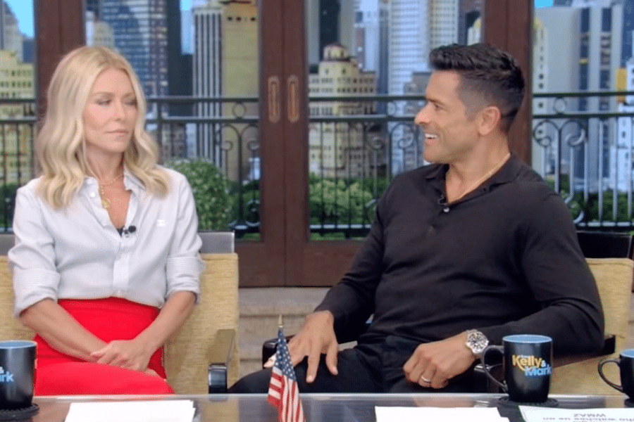 Kelly and Mark laugh during Friday's taping of Live with Kelly and Mark.