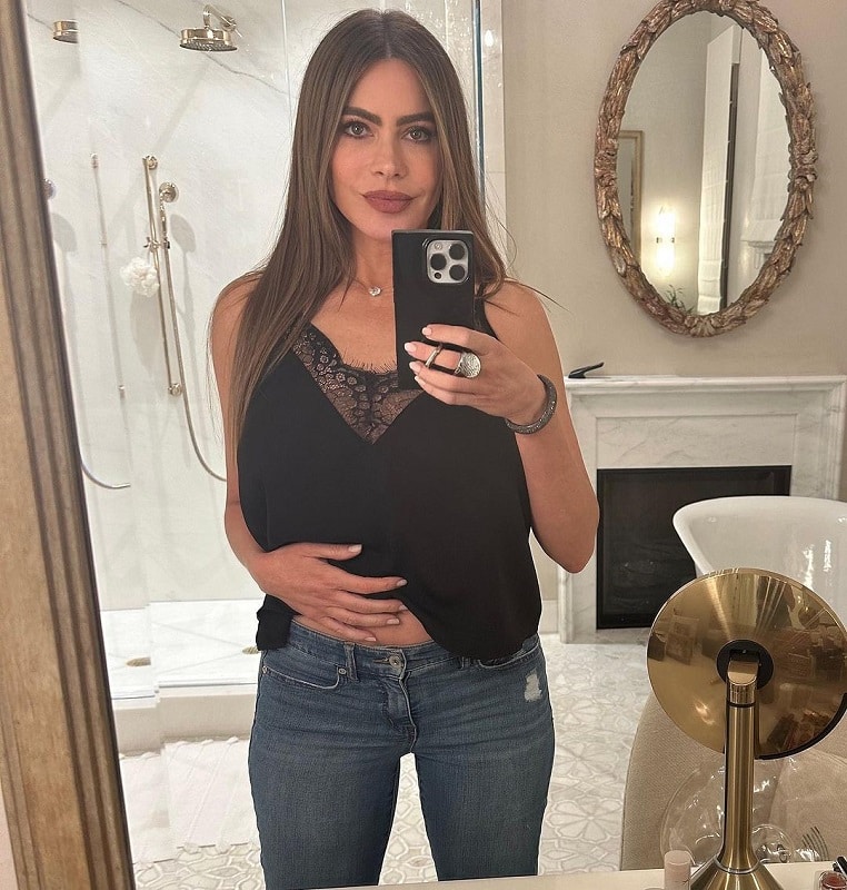 Sofia Vergara teases toned tummy in a bathroom selfie.
