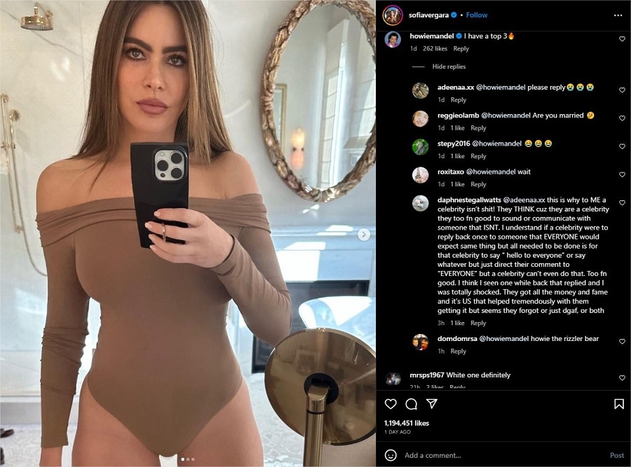Screengrab of Howie Mandel's comment on Sofia Vergara's sultry post and the fan reactions that followed.