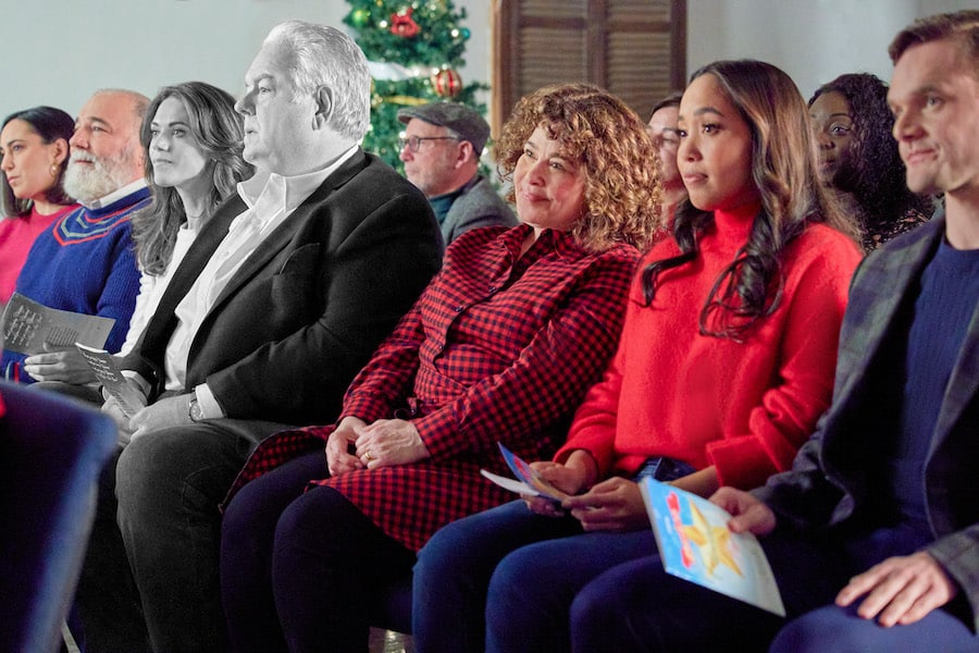 Photo: Blair Lewin, Mitch Poulos, Lyndsy Fonseca, Jim O'Heir, Julie Warner, Melanie Sutrathada, Andrew David Bridges Credit: ©2023 Hallmark Media/Photographer: Robert Clark