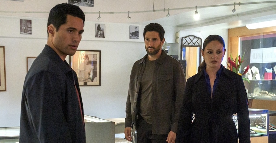 NCIS Hawaii Pictured: Alex Tarrant as Kai Holman, Noah Mills as Jesse Boone, and Vanessa Lachey as Jane Tennant. Photo: Karen Neal/CBS ©2023 CBS Broadcasting, Inc. All Rights Reserved