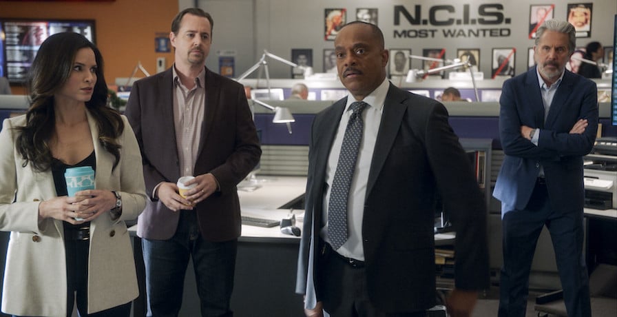 NCIS Pictured: Katrina Law as NCIS Special Agent Jessica Knight, Sean Murray as Special Agent Timothy McGee, Rocky Carroll as NCIS Director Leon Vance, and Gary Cole as FBI Special Agent Alden Parker. Photo: CBS ©2023 CBS Broadcasting, Inc. All Rights Reserved