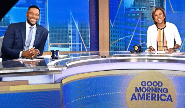 Former NFL football player Michael Strahan and co-host Robin Roberts on 'Good Morning America'