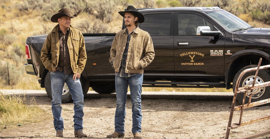 Yellowstone Photo: Emerson Miller for Paramount Network Pictured (L-R): Kevin Costner as John Dutton and Luke Grimes as Kayce Dutton.