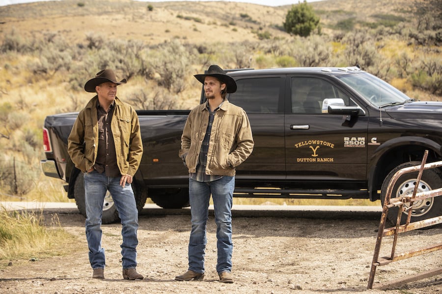Yellowstone Photo: Emerson Miller for Paramount Network Pictured (L-R): Kevin Costner as John Dutton and Luke Grimes as Kayce Dutton.