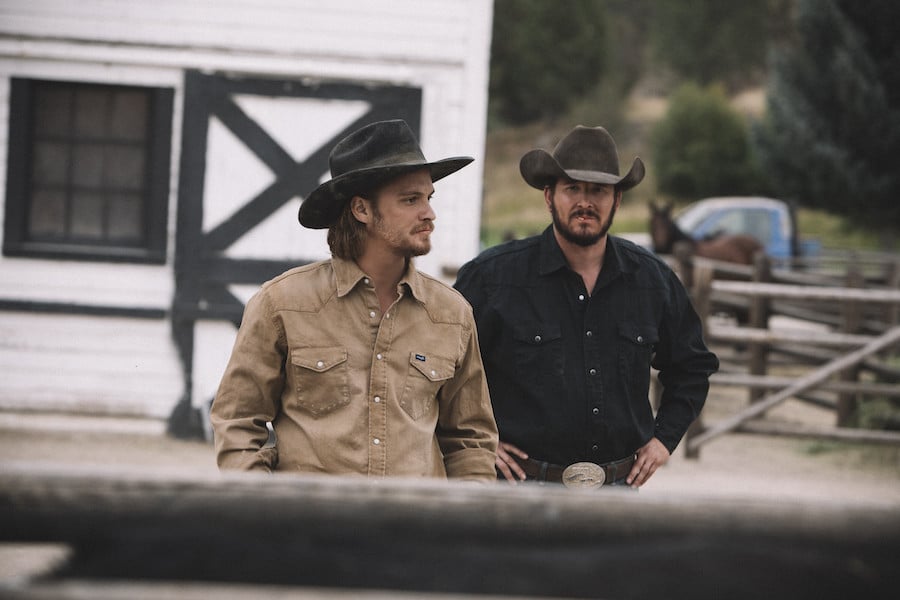 Yellowstone Photo Credit: Emerson Miller for Paramount Network Pictured (L-R): Luke Grimes as Kayce Dutton and Cole Hauser as Rip Wheeler.