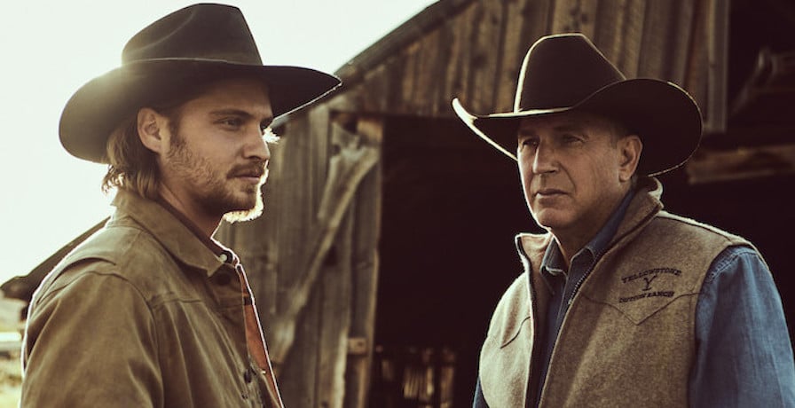 Yellowstone Photo Credit: Emerson Miller for Paramount Network Pictured (L-R): Luke Grimes as Kayce Dutton and Kevin Costner as John Dutton.
