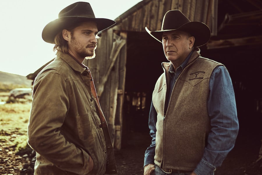 Photo Credit: Emerson Miller for Paramount Network Pictured (L-R): Luke Grimes as Kayce Dutton and Kevin Costner as John Dutton.