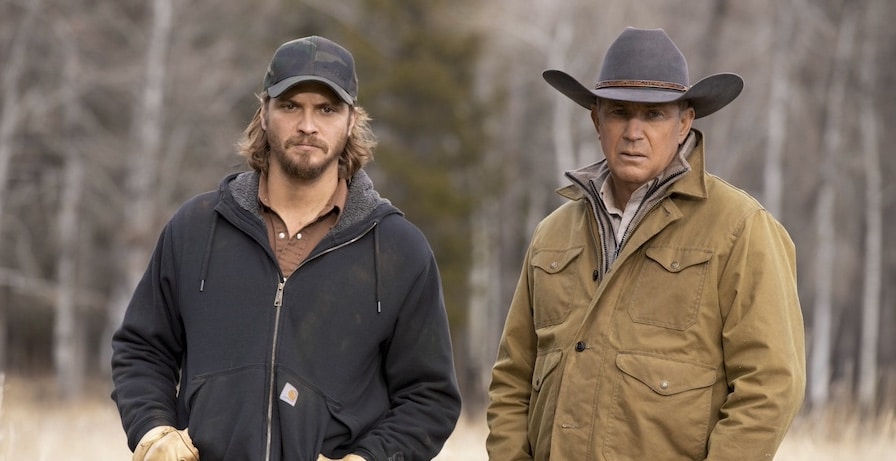 Yellowstone Photo Credit: Emerson Miller for Paramount Network Pictured (L-R): Luke Grimes as Kayce Dutton and Kevin Costner as John Dutton