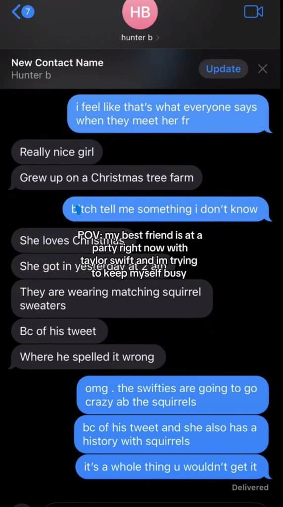 Taylor Swift fan texting a friend about the Christmas Party - X Tweet