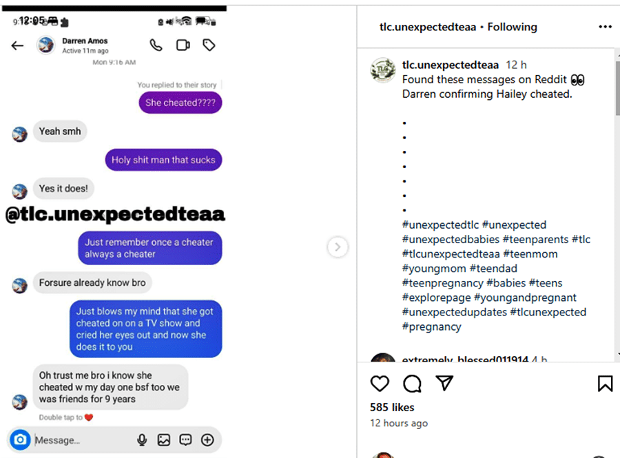 Proof'Unexpected Star Hailey 1 Cheated on Darren Amos - Reddit via Instagram
