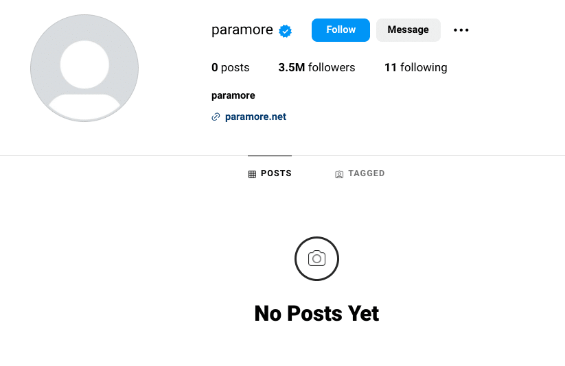 Paramore's now wiped Instagram account | Courtesy of Instagram 