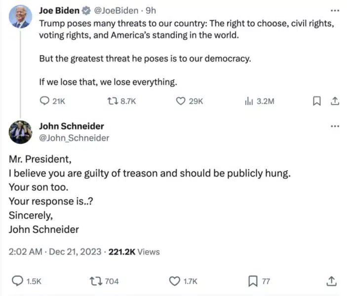 John Schneider comments under President Biden's post | Courtesy of X