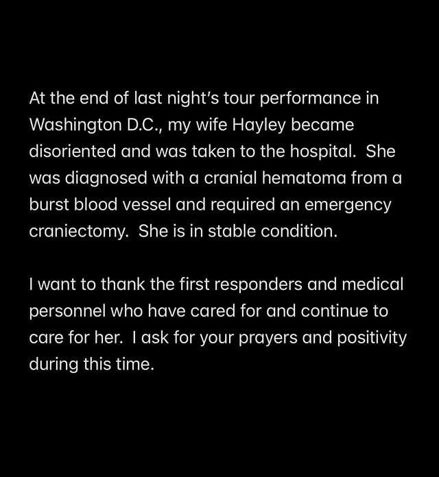 Derek Hough update on Hayley's health from Instagram