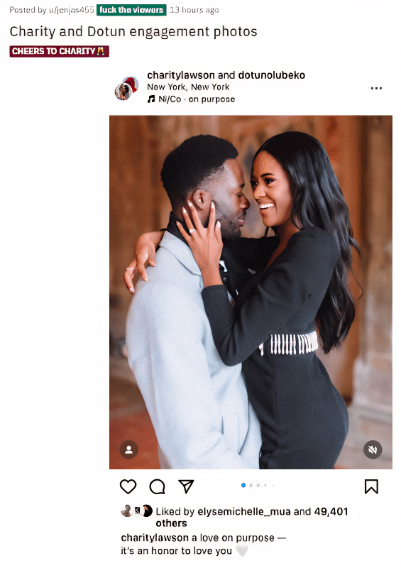 Bachelorette Charity Lawson and Dotun Olubeko Engagement Pics - Charity Instagram via Reddit