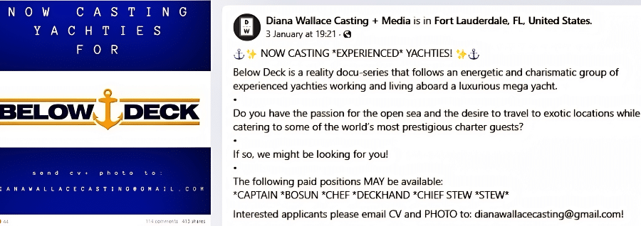 Below Deck Casting Call shared by Captain Sandy Yawn - Diana Wallace Casting Facebook