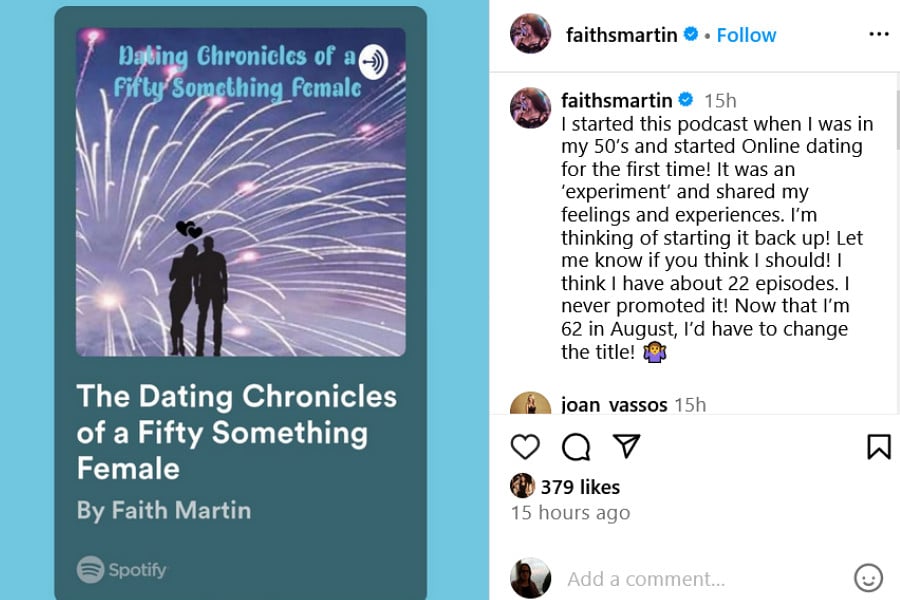 A screenshot of an Instagram post. The text says Faith Martin started a podcast for dating in her 50s but never promoted it.