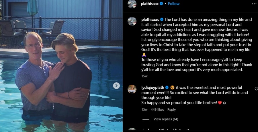 Isaac Plath posts about his baptism and addiction recovery. - Instagram