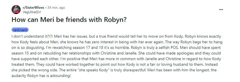 Reddit Post about Meri and Robyn from Sister Wives (https://www.reddit.com/r/SisterWives/comments/1984i00/how_can_meri_be_friends_with_robyn/?utm_source=share&utm_medium=web2x&context=3)