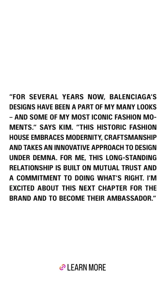 Kim Kardashian announces she is a brand ambassador for Balenciaga. - Instagram