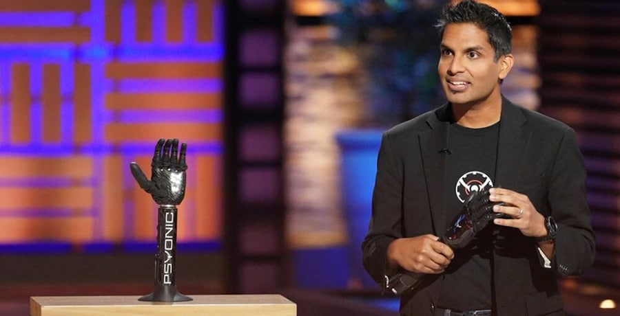 Aadeel Akhtar with the Psyonic bionic hand on Shark Tank