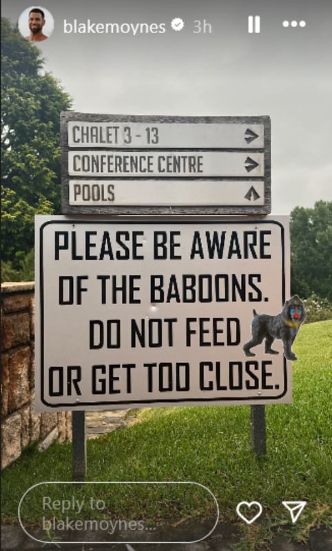 A sign saying to be aware of baboons and not to feed them.