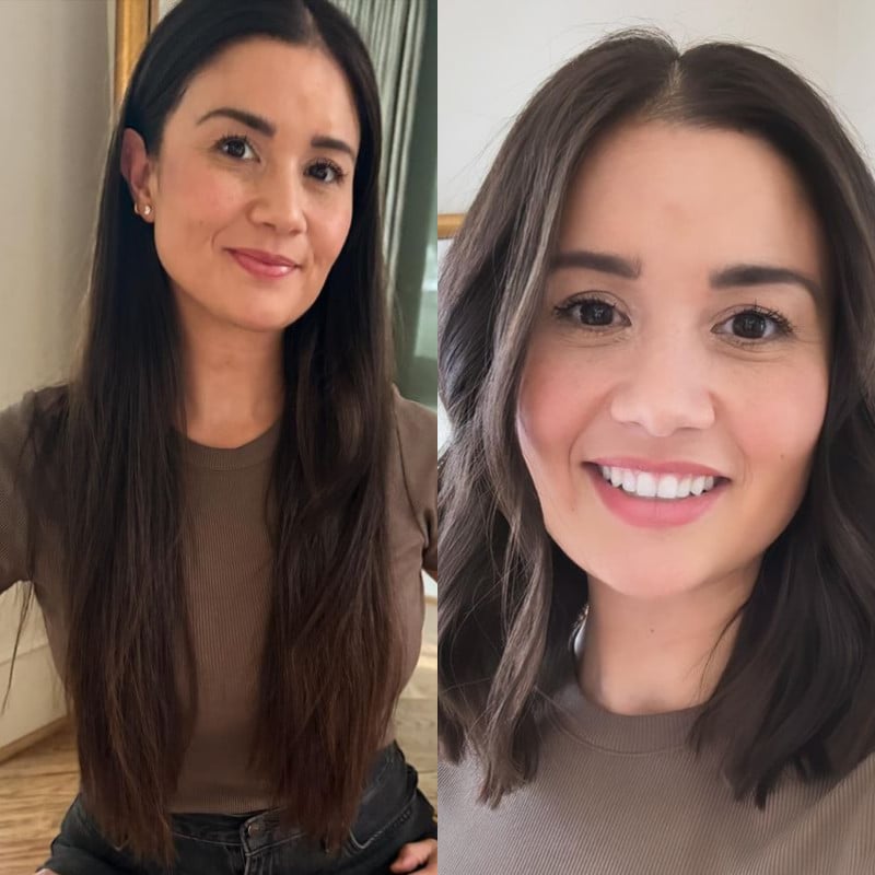Two photos of the same woman before she cut off her long brown hair into a short bob.