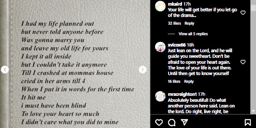 Moriah Plath shares a passage reflecting heartbreak. - Instagram