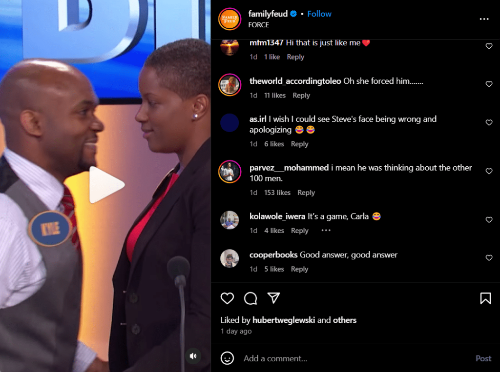Kyle and Carla after Steve Harvey blasts him for his stupidity. - Family Feud - Instagram