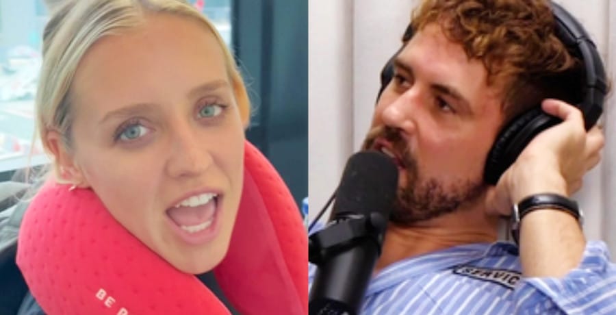 A photo collage of two people. The left is a photo of a blonde woman with a red pillow around her neck. The photo on the right is a man with headphones on, talking into a microphone.