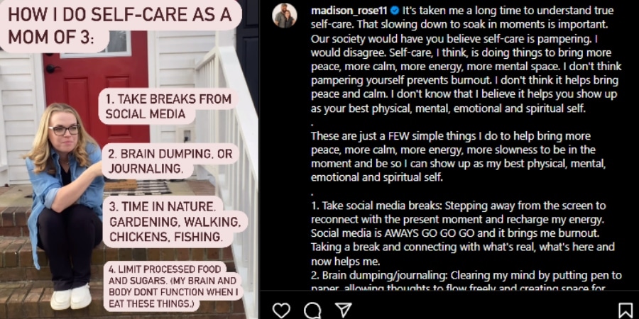 Maddie Brown is continuing to focus on self-care amid the tragic loss of Garrison Brown. - Instagram