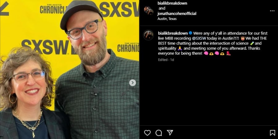 Mayim Bialik and Jonathan Cohen discuss the intersection of science and spirituality. - Instagram