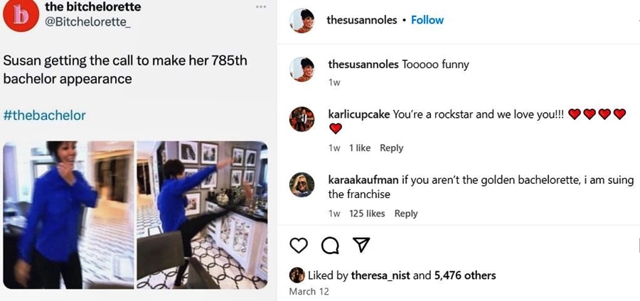 Memes About Golden Bachelor Star Susan Noles Thirsty For More TV - Via Susan - Instagram