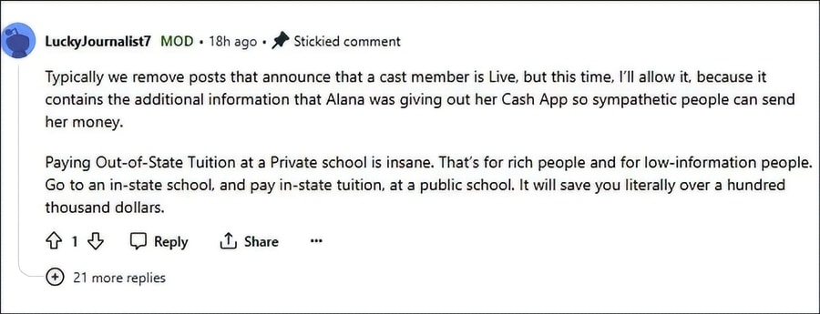 Moderator's note on Alana Thompson Giving Out Venmo Details - Reddit