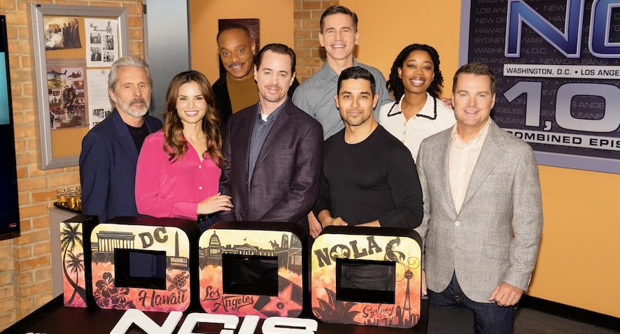 NCIS Katrina Law, Rocky Carroll, Sean Murray, Brian Dietzen, Wilmer Valderrama, Diona Reasonover, and Chris O’Donnell. Photo: Robert Voets/CBS ©2024 CBS Broadcasting, Inc. All Rights Reserved.