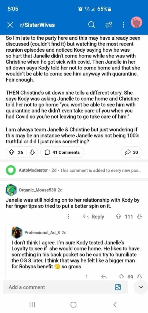 One Sister Wives viewer believes Kody Brown's motives were to test Janelle's loyalty. - Reddit