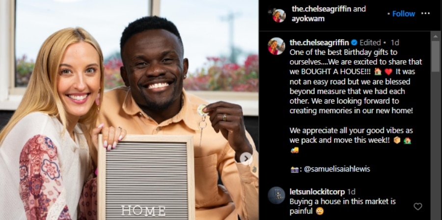 Kwame Appiah & Chelsea Griffin announce they their new step of buying a home together.- Instagram