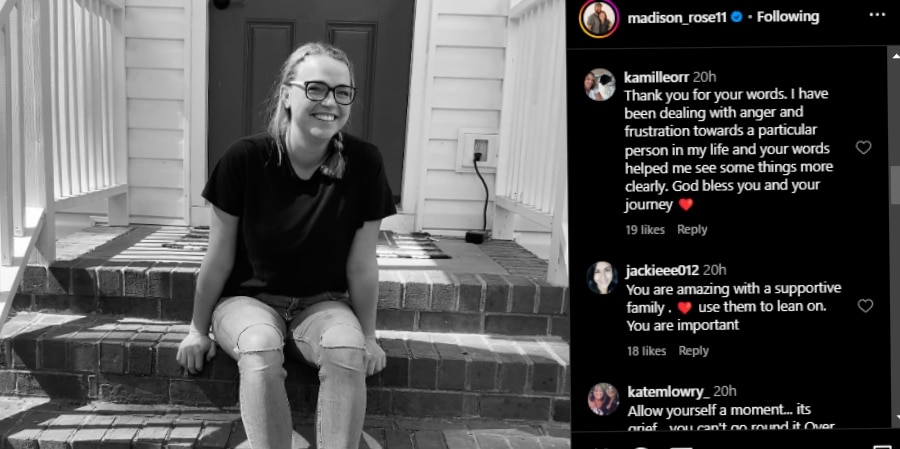 Maddie Brown discusses her struggle with anger and pain. - Instagram
